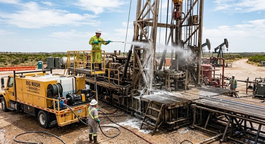 Workers in high-visibility gear use a pressure washer to clean a large industrial oil drilling rig at a site with pump jacks in the background.