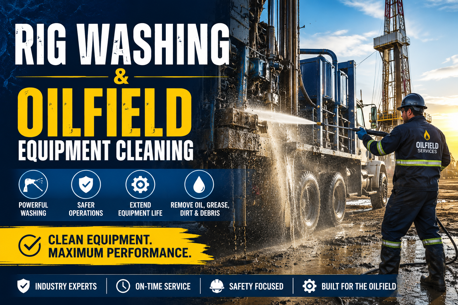 A worker in protective gear performs professional rig washing on oilfield equipment, highlighting the safety and performance benefits of regular rig washing services.